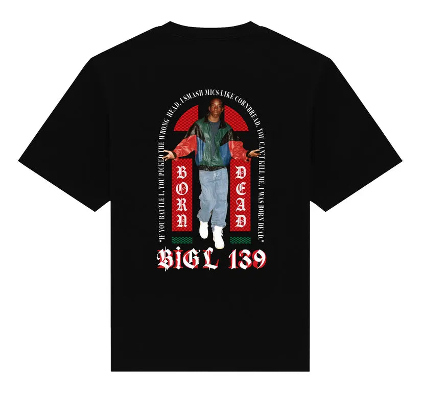 Black t-shirt with graphic design and text on a white background