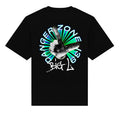 Black t-shirt with a graphic design of a hand making a peace sign and text on a white background