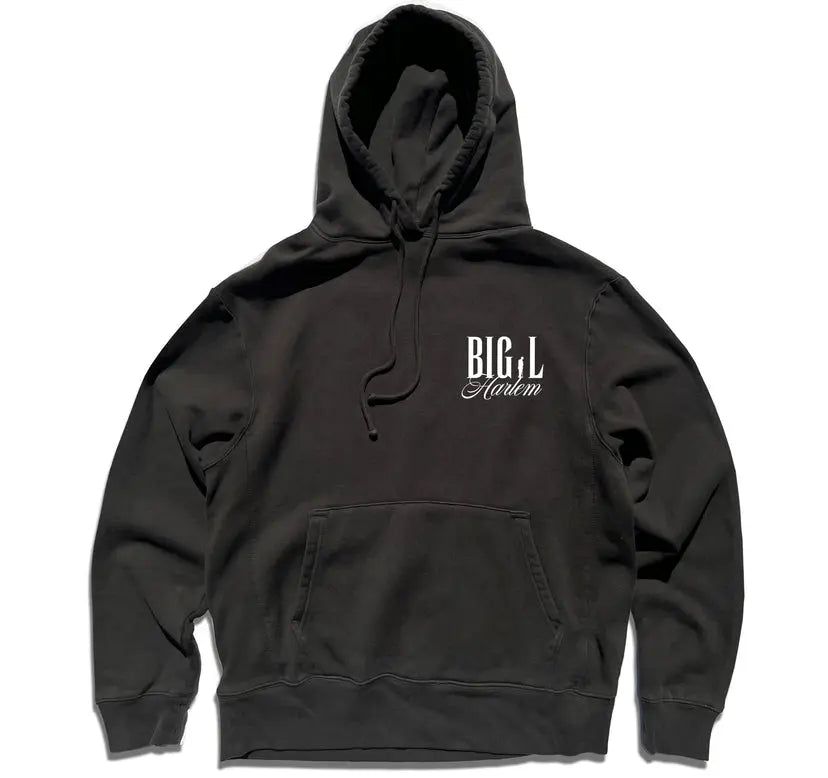 Black hoodie with 'BIG L Harlem' logo on a white background