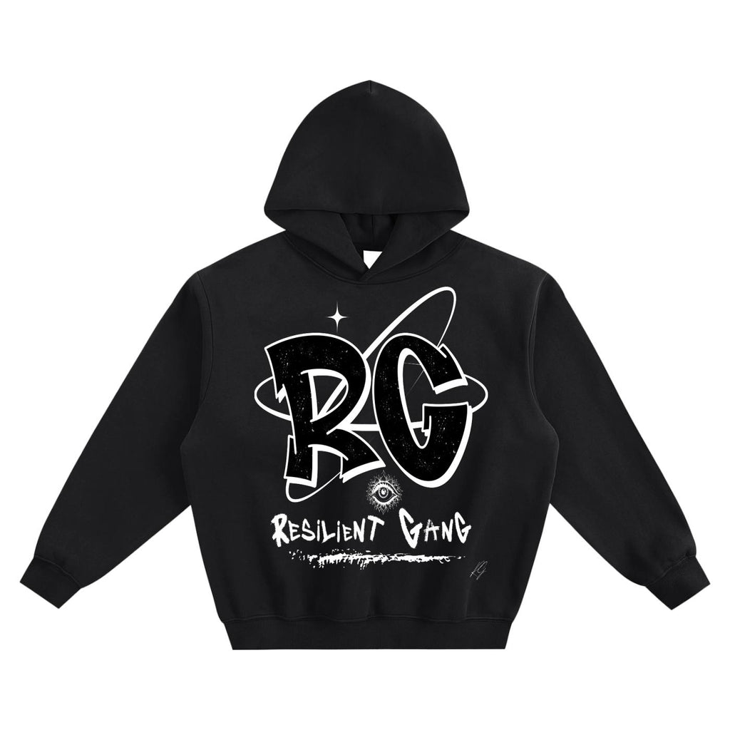 Black hoodie with white graphic design on a white background