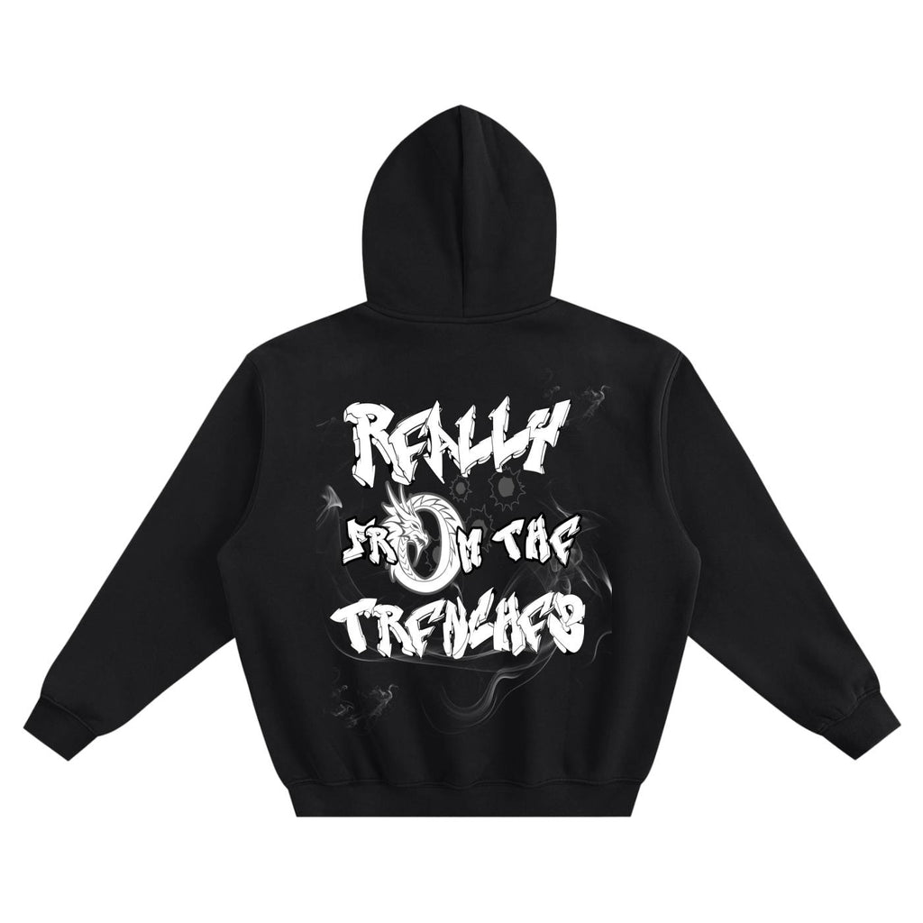 Black hoodie with white text on the back against a white background