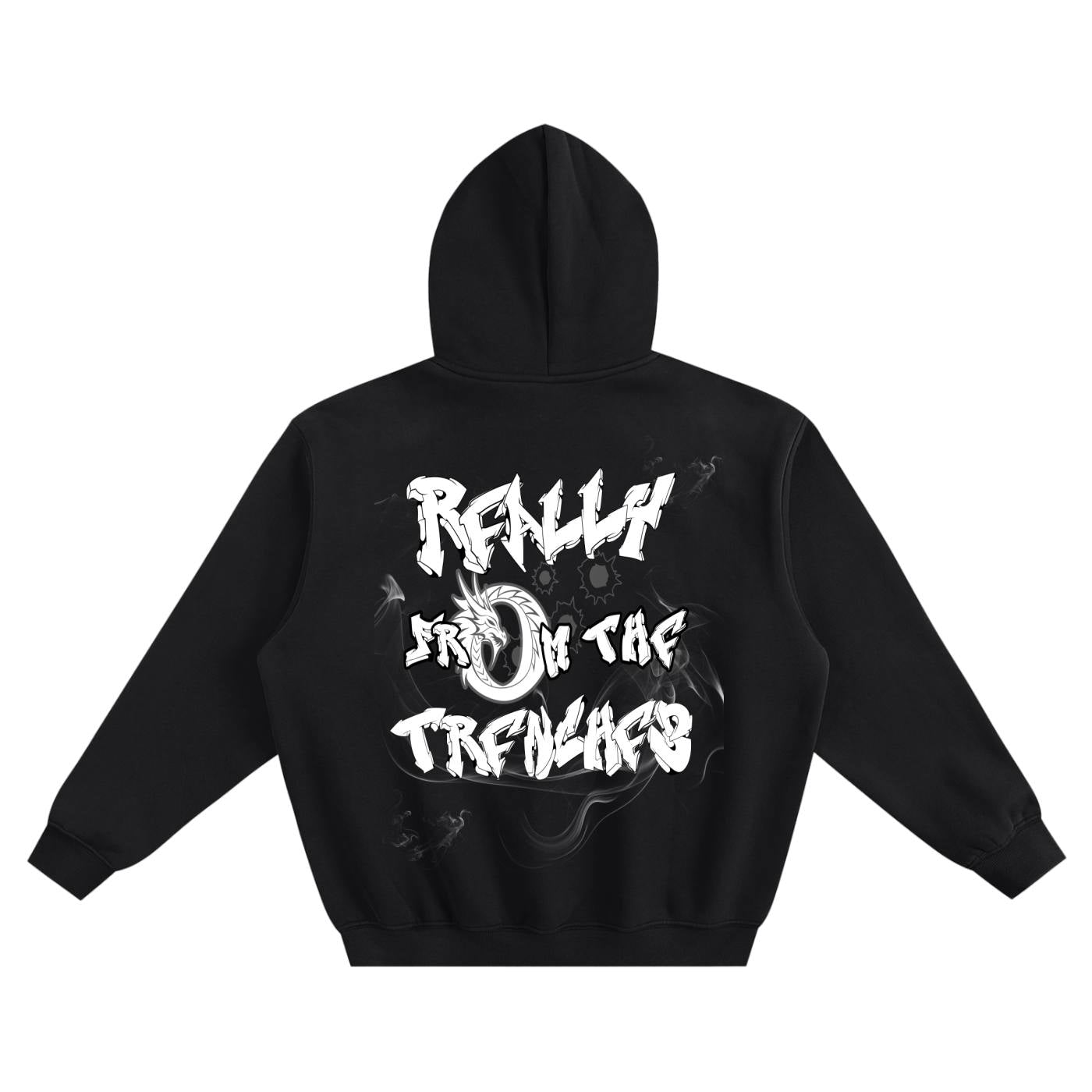 Black hoodie with white text on the back against a white background