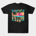 Black t-shirt with a colorful '1986' graphic design featuring palm trees and a cassette player on a white background.