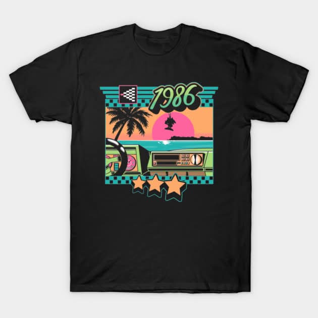 Black t-shirt with a colorful '1986' graphic design featuring palm trees and a cassette player on a white background.