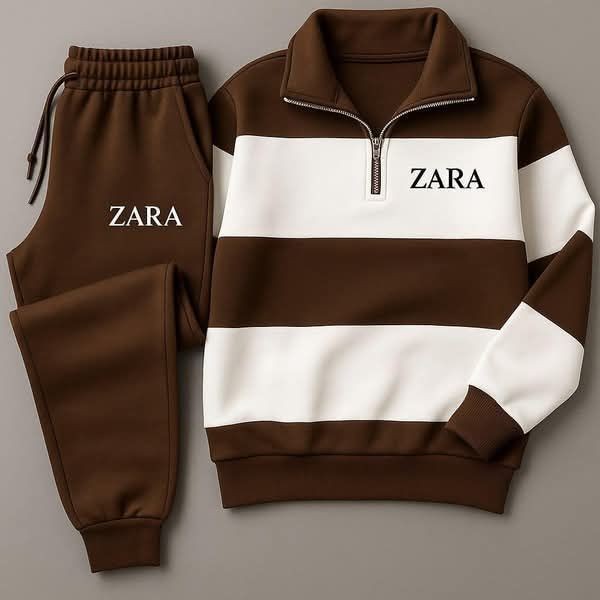 Brown and white Zara tracksuit on a gray background
