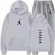 Gray hoodie and pants set with Jordan logo on a white background