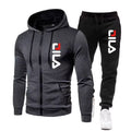 Gray hoodie and black pants with FILA logo on a white background