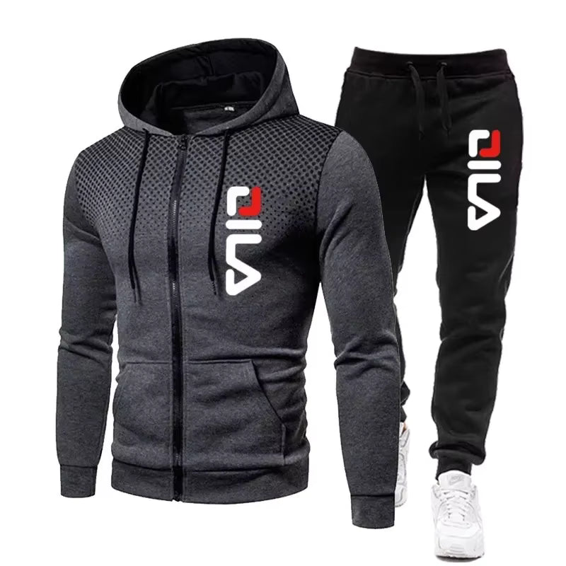 Gray hoodie and black pants with FILA logo on a white background