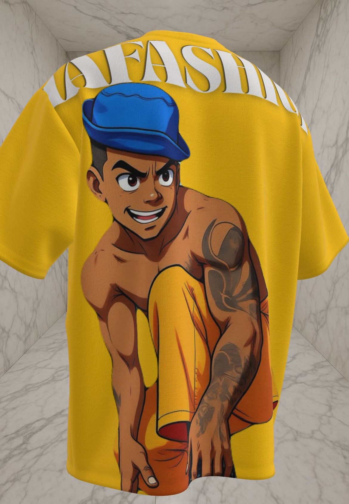 Yellow t-shirt with a graphic of a shirtless man with tattoos and a blue cap on a marble surface.