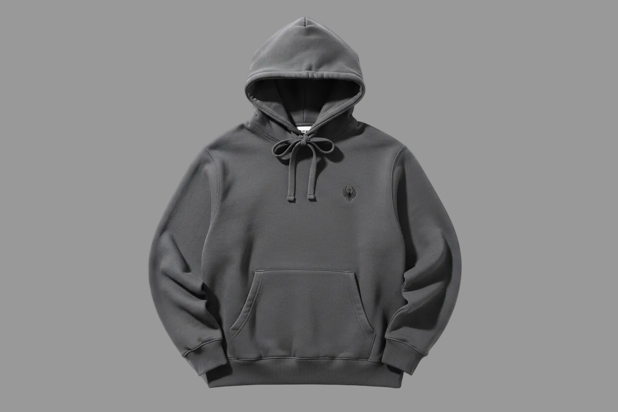 Gray hoodie with a brand logo on a white background